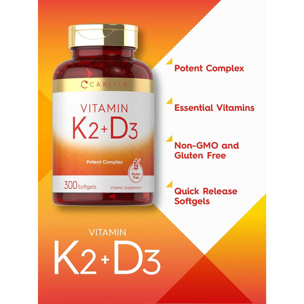 Vitamina K2 y D3 Carlyle, complejo potente para la salud ósea, sin sabor, cápsulas/gotas.