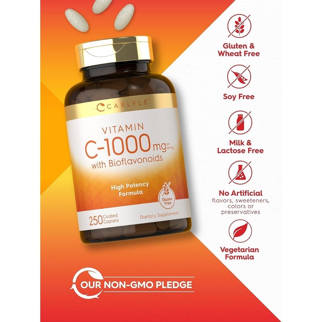 Vitamina C Carlyle 1000 mg, imagen de envase o detalles del suplemento, potente antioxidante.