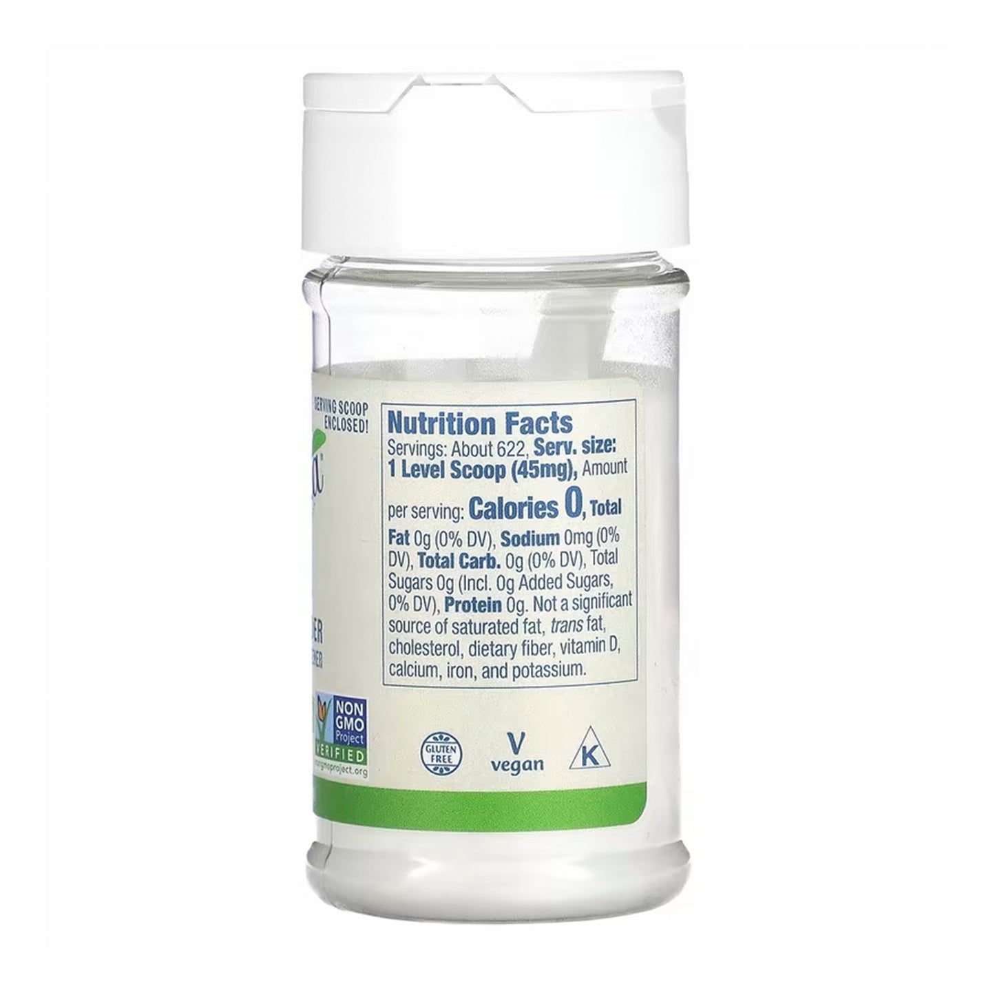 Información nutricional de Better Stevia Extracto Orgánico en Polvo, edulcorante sin calorías y apto para dieta keto.
