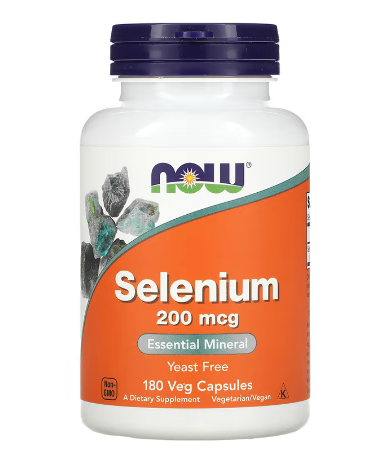 Suplemento de Selenio NOW Foods 200 mcg, frasco con 90 cápsulas vegetales sin OGM, mineral esencial y potente antioxidante para función inmunitaria.