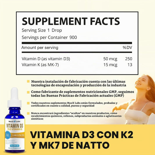 Tabla de información nutricional de las gotas de Vitamina D3 con K2 MaxX Labs: 50 mcg de vitamina D3 y 15 mcg de vitamina K2 (MK-7) por gota, suplemento fabricado bajo normas GMP, disponible en Nutribody.