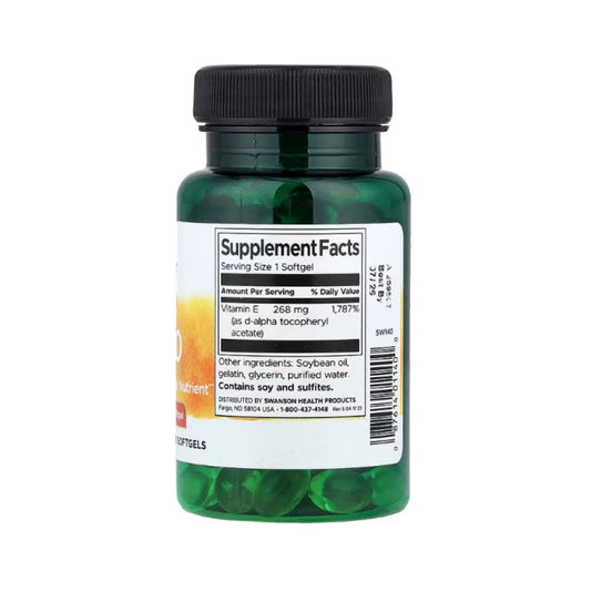 Tabla nutricional de Vitamina E Swanson Natural E-400 detallando 268 mg de d-alfa tocoferol por porción e información sobre alérgenos de soja.
