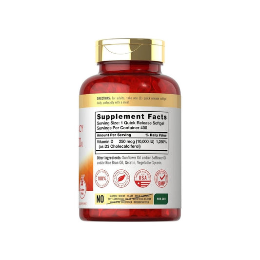 Tabla de información nutricional de la Vitamina D3 Carlyle: 250 mcg (10,000 UI) de colecalciferol por cápsula blanda de liberación rápida, 400 porciones, disponible en Nutribody.
