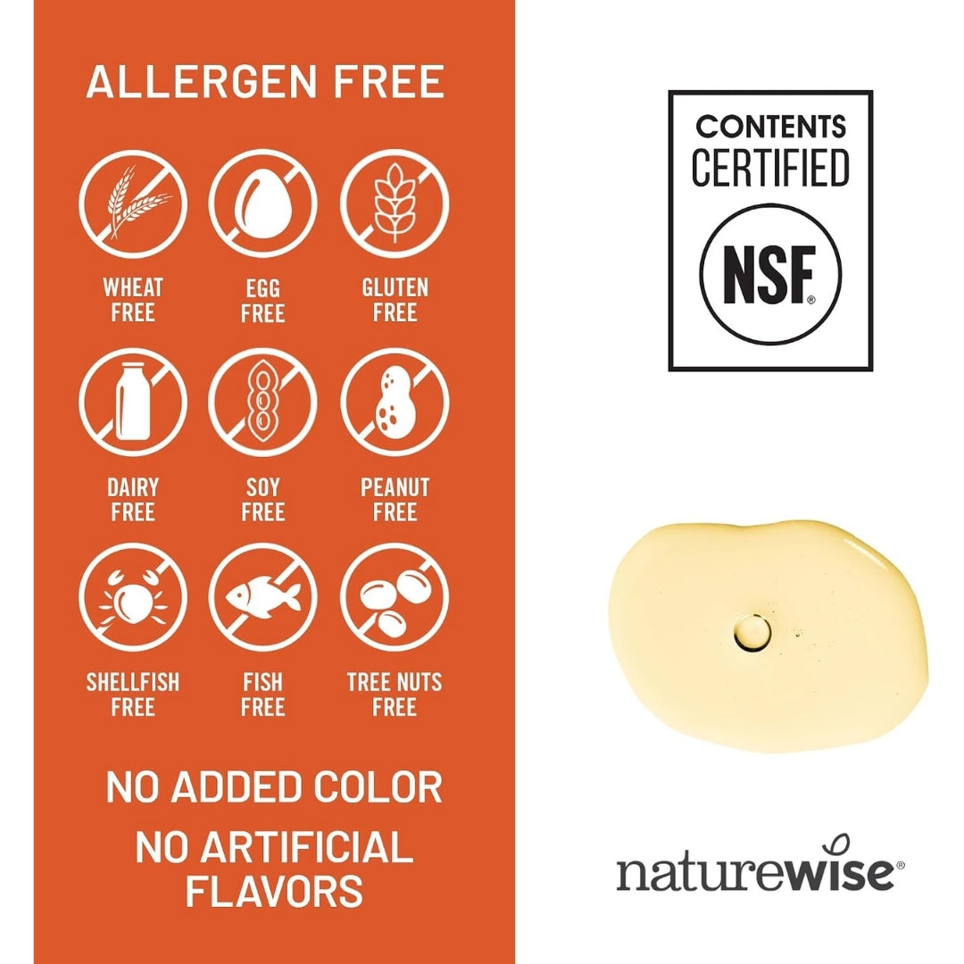 Vitamina E de NatureWise en Nutribody, libre de trigo, huevo, gluten, lácteos, soya, maní, mariscos, pescado y frutos secos, sin colorantes ni sabores artificiales.