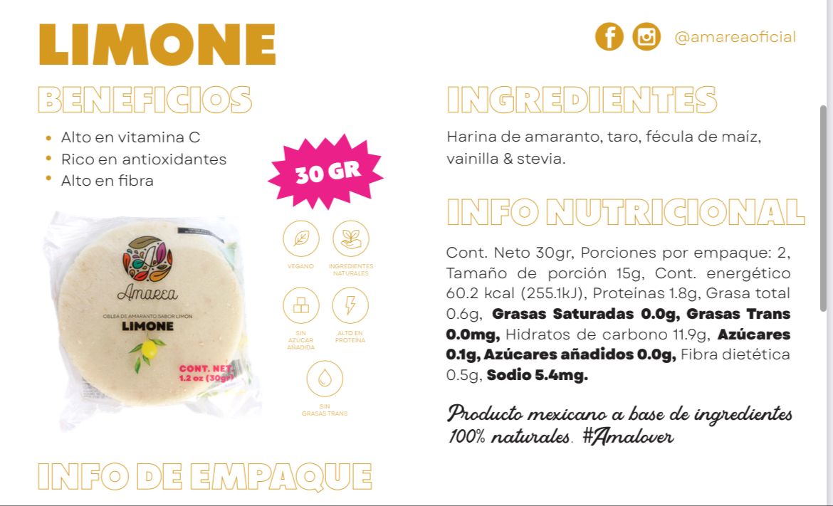 Obleas Limone de amaranto, snack vegano sin gluten, sin azúcar ni grasas trans, ideal para dieta healthy.