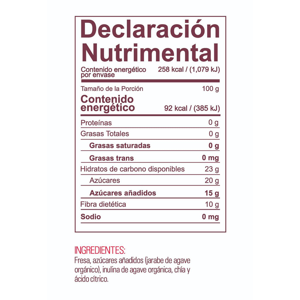 Mermelada de Fresa NBF orgánica, sin azúcar añadida, con chía e inulina, ideal para untar y dietas saludables.