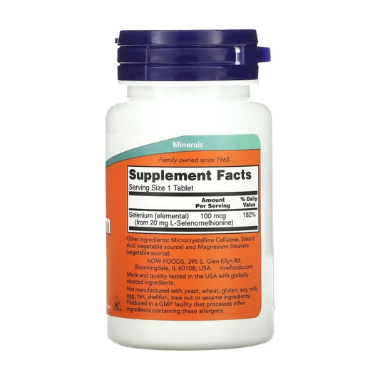 Selenio NOW 200 mg 180 cápsulas, suplemento mineral y antioxidante, apto para vegetarianos y veganos.