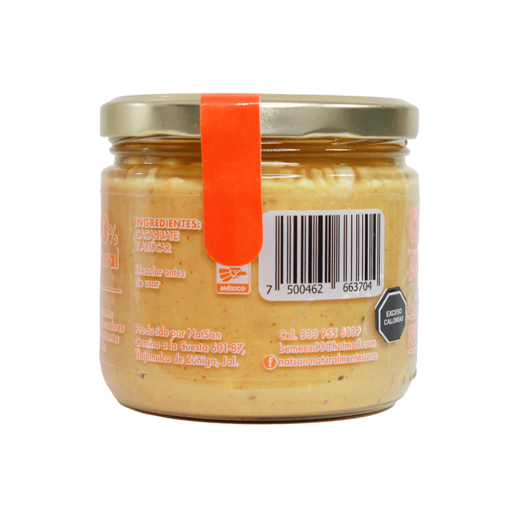 Crema de Cacahuate Natsan Super Crunchy Natural, baja en sodio, sin grasas saturadas, con azúcar morena, fuente de proteínas y vitaminas.