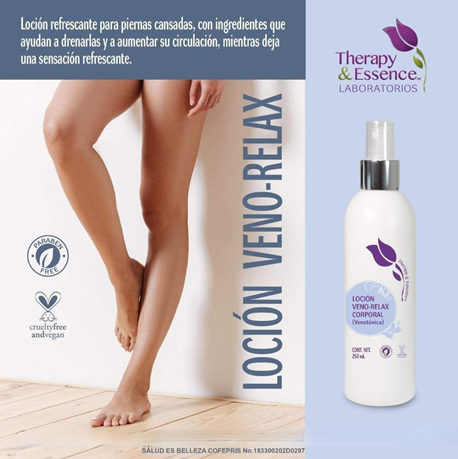 Loción Veno-Relax Corporal Venotónica 250ml, refrescante para piernas cansadas, con árnica, centella asiática, y mentol, mejora circulación y alivia pesadez.