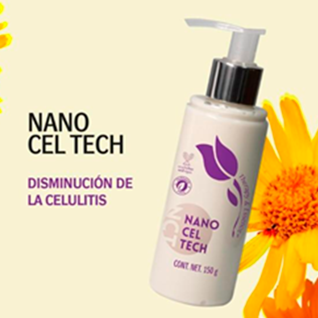Crema Nano Cel Tech para tratamiento de celulitis y reducción de medidas con ingredientes naturales como cafeína, árnica, romero y algas.