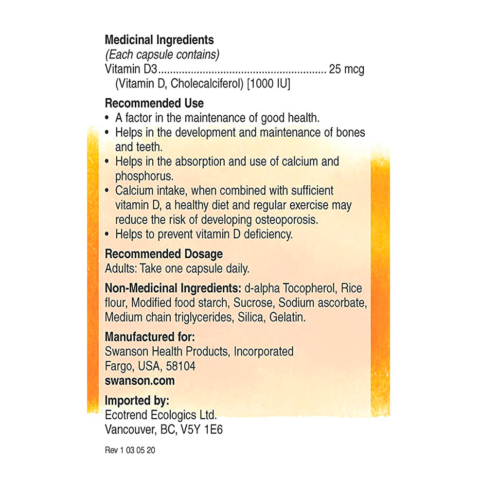Vitamina D3 1000 UI en Cápsulas Swanson