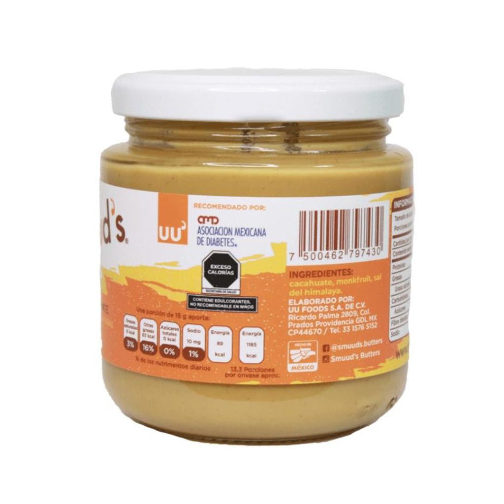 Crema de cacahuate Smuuds sin azúcar, con monk fruit, proteína natural, apta para diabéticos.