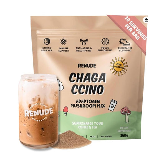 Renude Chagaccino - Café de hongos chaga silvestres, polvo de refuerzo de energía adaptógeno, belleza natural y apoyo inmunológico