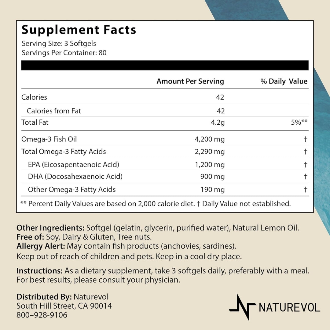 Tabla de información nutricional de Omega-3 triple fuerza Naturevol mostrando 4200 mg de aceite de pescado y ácidos grasos esenciales por porción.