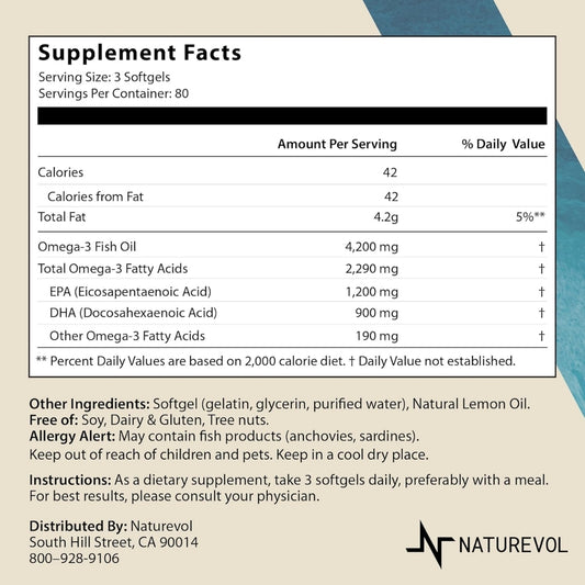 Tabla de información nutricional de Omega-3 triple fuerza Naturevol mostrando 4200 mg de aceite de pescado y ácidos grasos esenciales por porción.