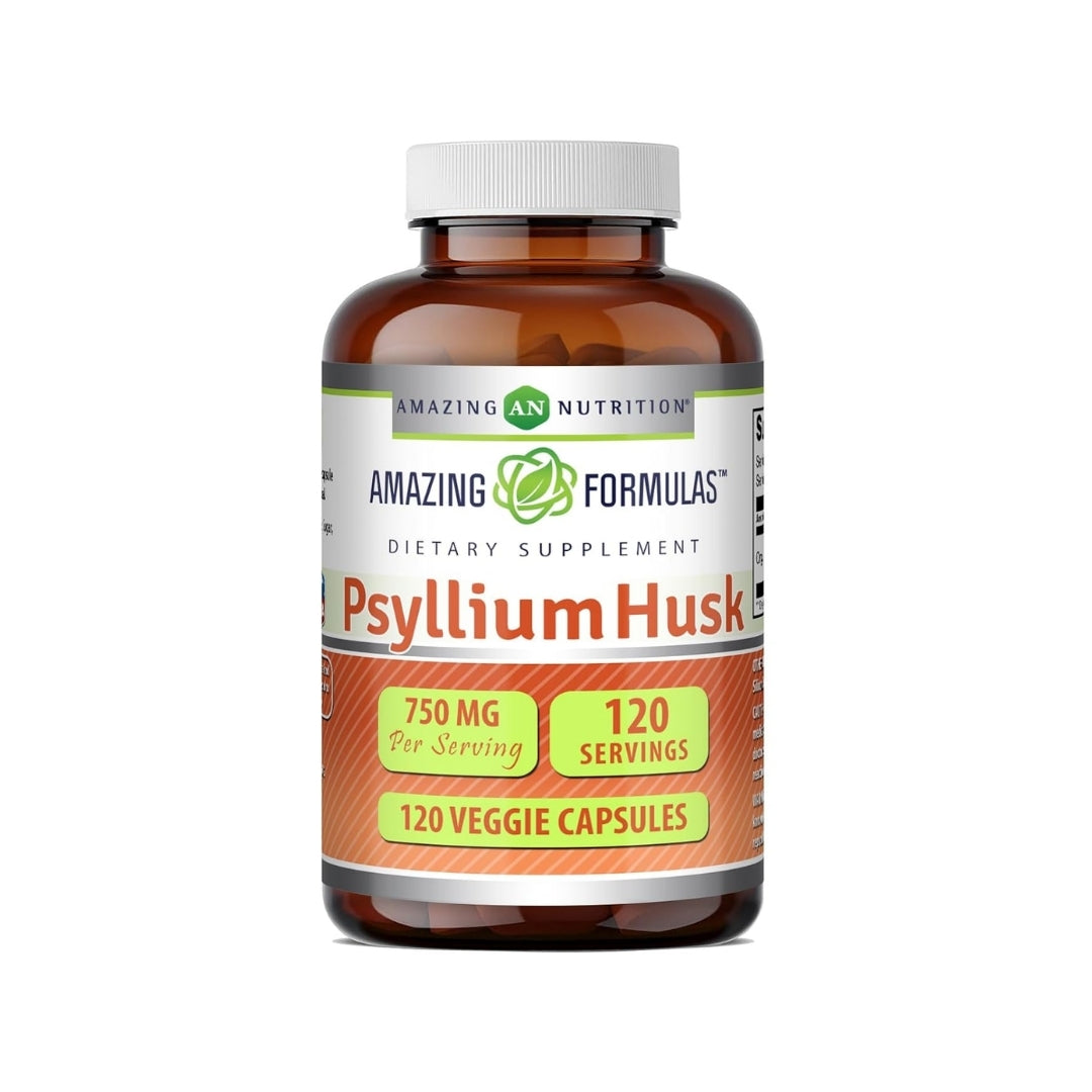 Frasco de Cáscara de Psyllium Amazing Formulas de 750 mg con 120 cápsulas vegetales, suplemento dietético a la venta en Nutribody.