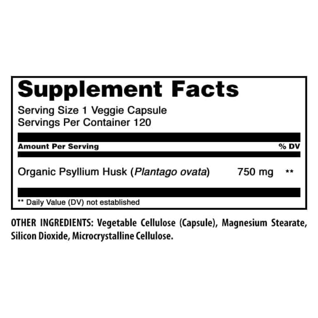 Tabla de información nutricional del suplemento Cáscara de Psyllium Orgánica de 750 mg, 120 cápsulas vegetales, disponible en Nutribody.