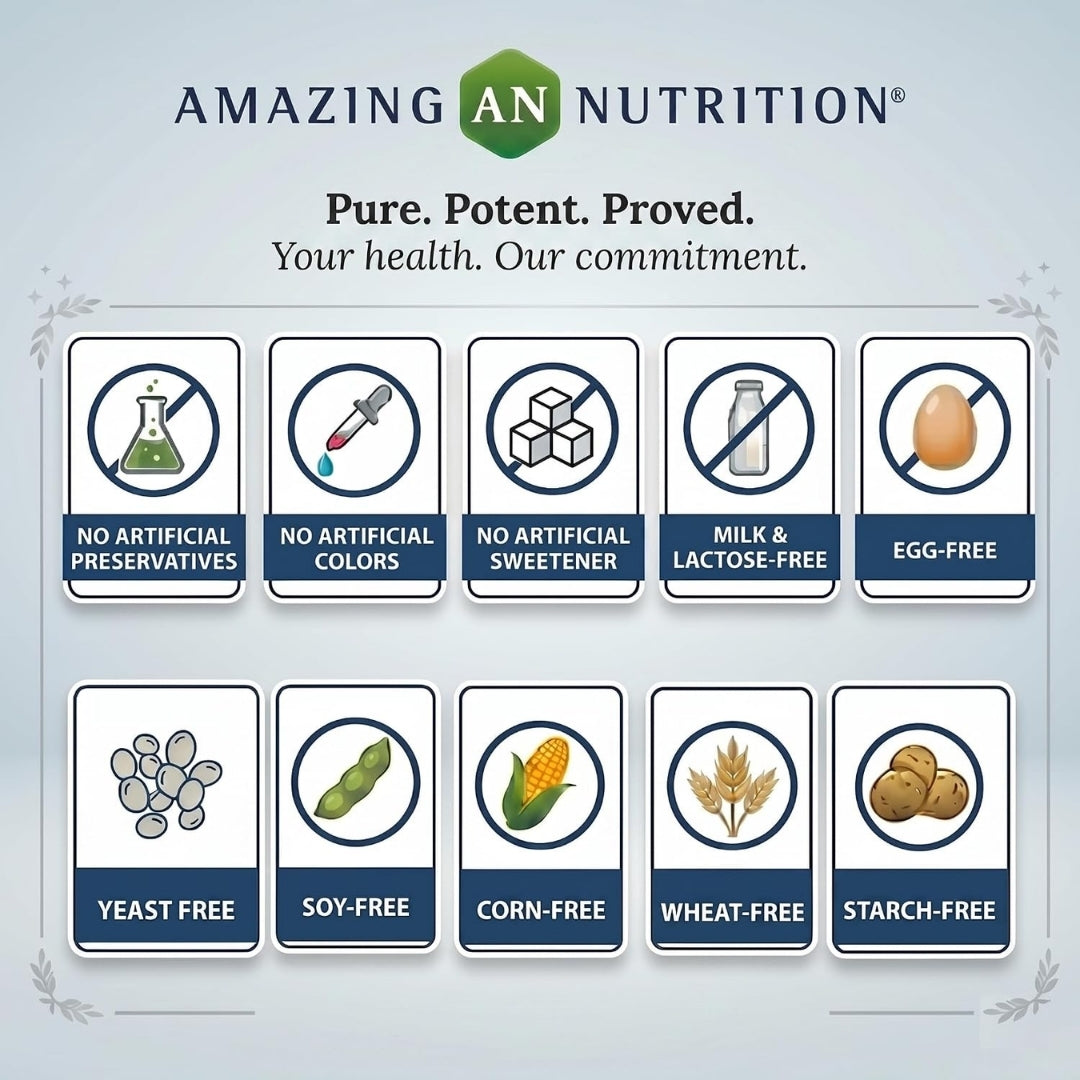 Ícono de certificaciones del producto Amazing Nutrition en Nutribody: sin conservantes ni colorantes artificiales, sin edulcorantes artificiales, sin lácteos, sin huevo, sin levadura, soya, maíz, trigo ni almidón.