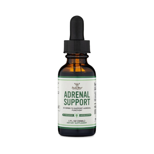 Frasco de Apoyo Suprarrenal con gotero de Double Wood Supplements, disponible en Nutribody — suplemento con 10 hierbas para la función suprarrenal, 30 ml.