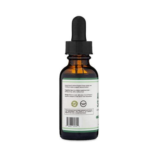 Vista trasera del Apoyo Suprarrenal de Nutribody con instrucciones de uso, almacenamiento y sellos Non-GMO y libre de gluten.