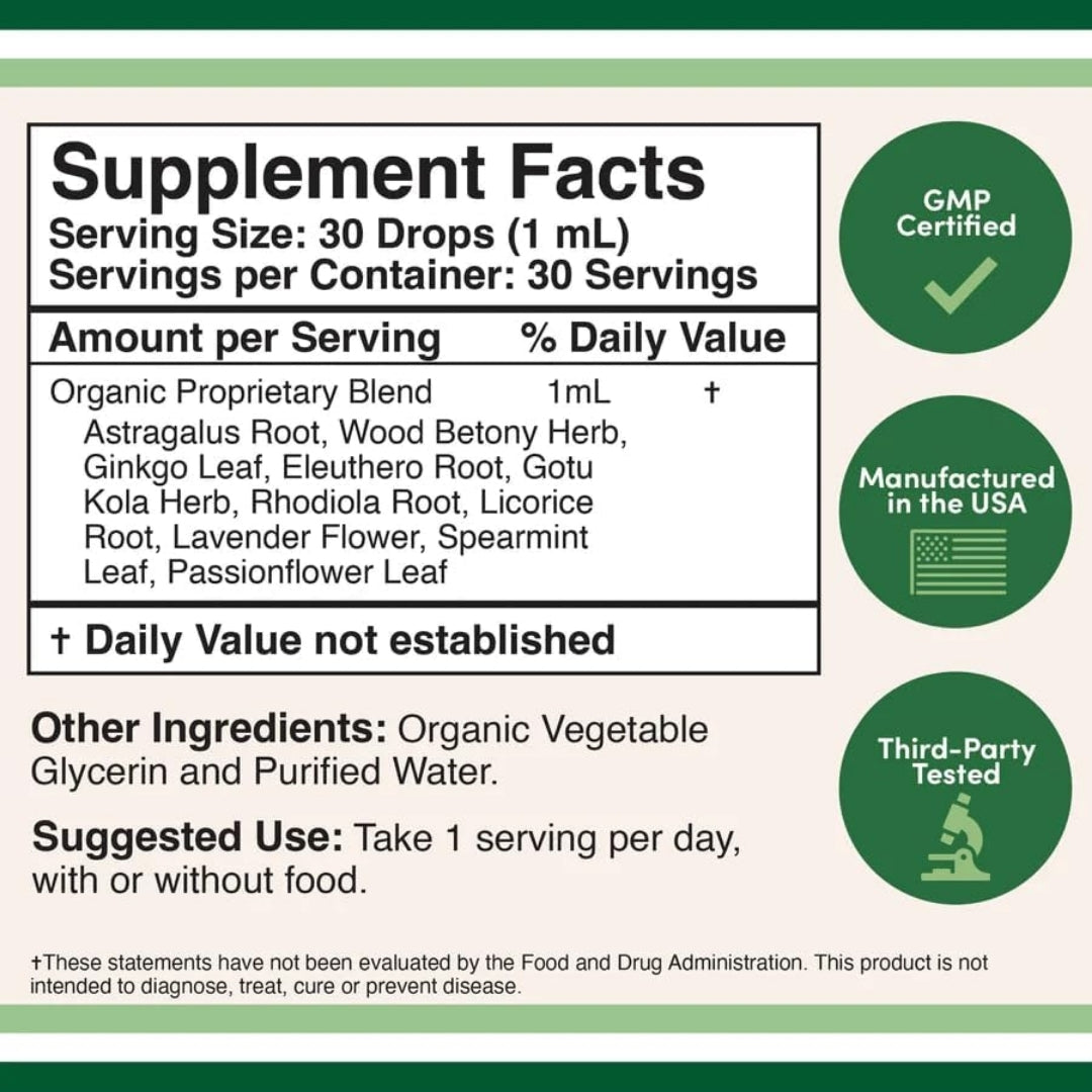 Primer plano de la tabla de Información Suplementaria del Apoyo Suprarrenal de Nutribody, con sellos GMP Certified, fabricado en EE. UU. y probado por terceros.