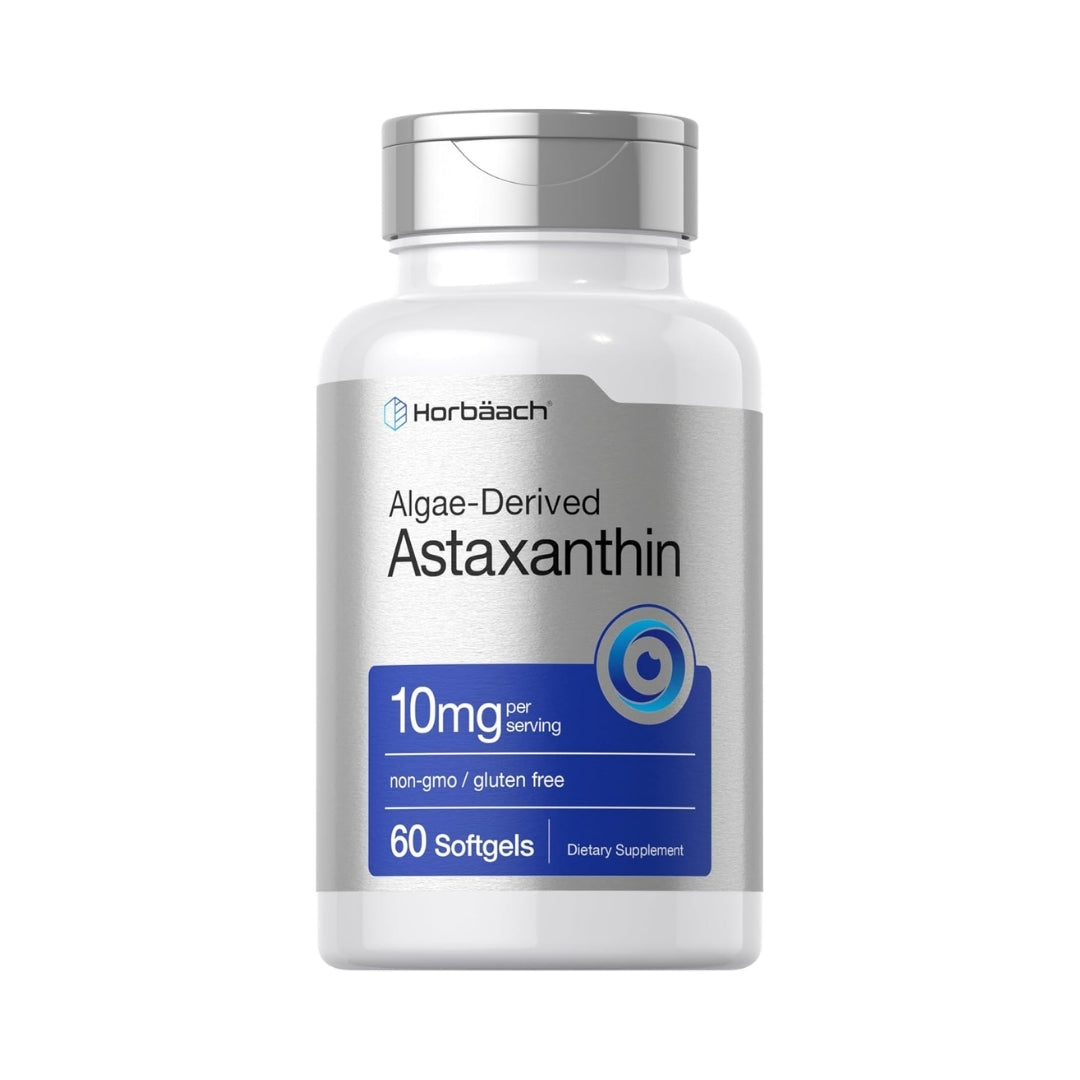 Suplemento de Astaxantina 10mg Horbäach, 60 cápsulas blandas de origen vegetal derivadas de algas, potente antioxidante natural sin gluten.