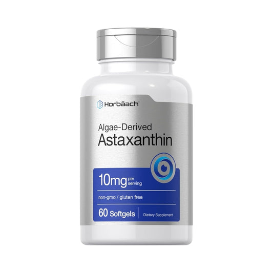 Suplemento de Astaxantina 10mg Horbäach, 60 cápsulas blandas de origen vegetal derivadas de algas, potente antioxidante natural sin gluten.