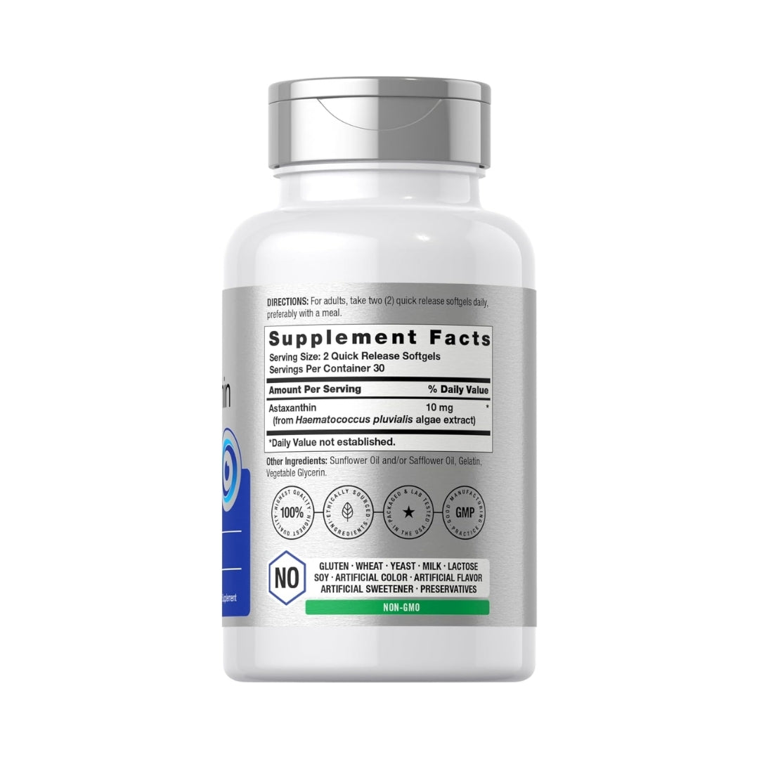 Datos del suplemento de Astaxantina 10mg indicando extracto de alga Haematococcus pluvialis y cápsulas libres de lácteos y conservantes.