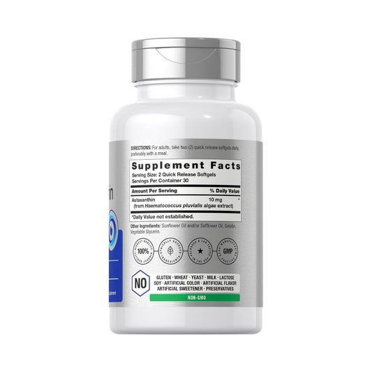 Datos del suplemento de Astaxantina 10mg indicando extracto de alga Haematococcus pluvialis y cápsulas libres de lácteos y conservantes.
