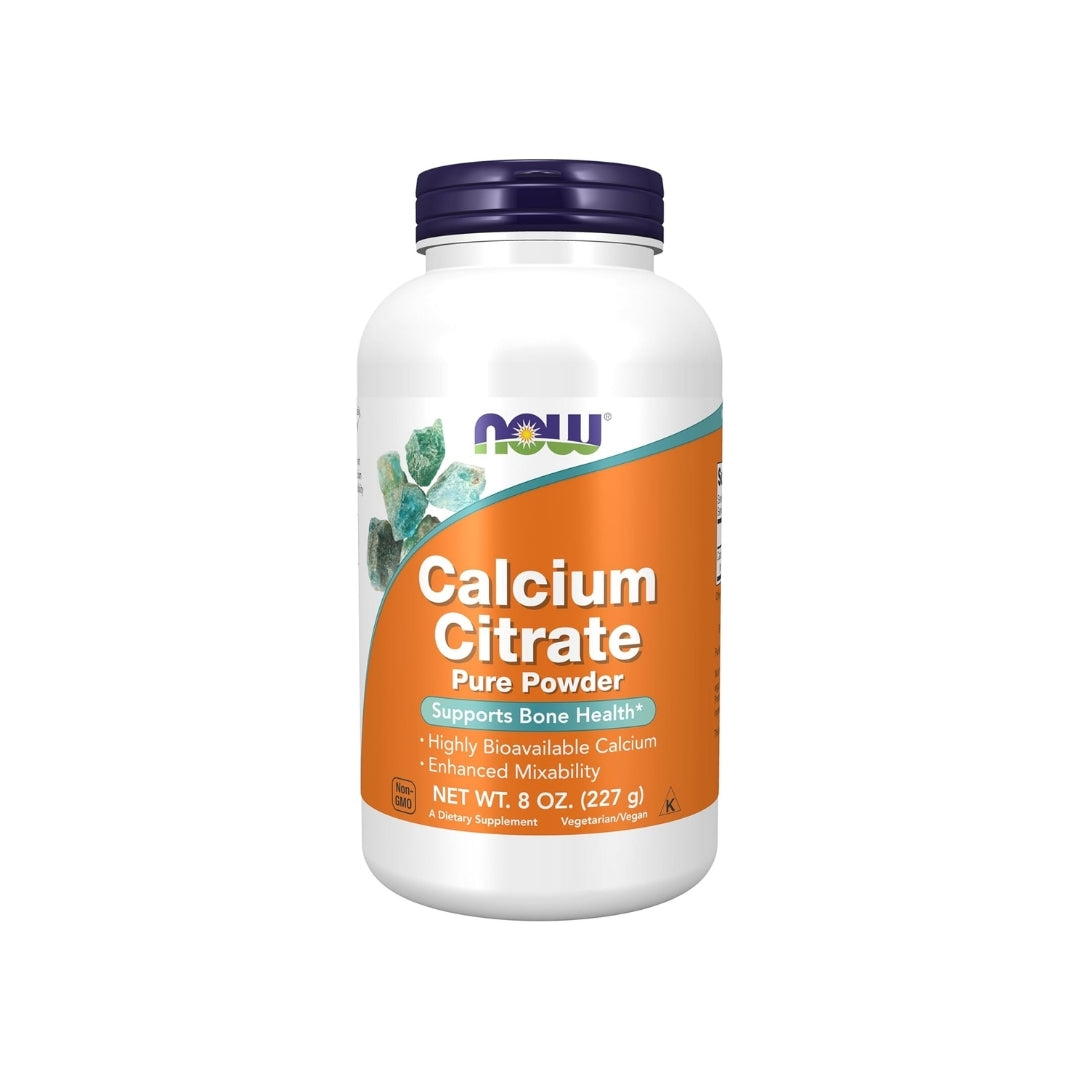 Frasco de Citrato de Calcio en polvo puro de NOW Foods, disponible en Nutribody, suplemento vegano y no transgénico para la salud ósea, 227 g.