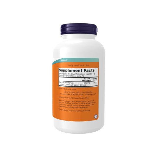 Etiqueta trasera del Citrato de Calcio en polvo de NOW Foods, disponible en Nutribody, con tabla de Información Suplementaria: 600 mg de calcio elemental por porción.