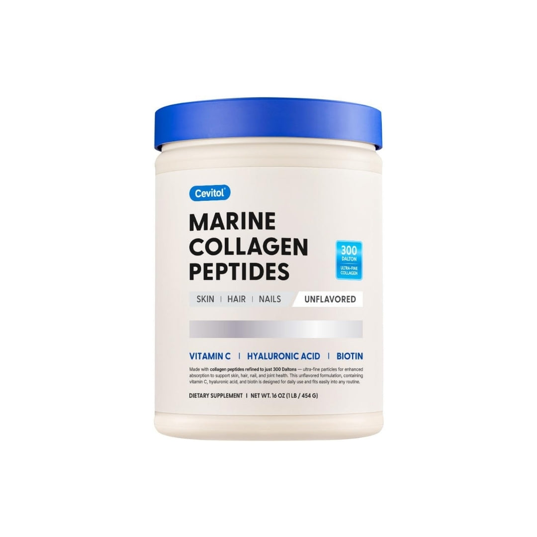 Frasco de Marine Collagen Peptides de Cevitol, disponible en Nutribody, colágeno marino ultra-fino sin sabor con vitamina C, ácido hialurónico y biotina, 454 g.