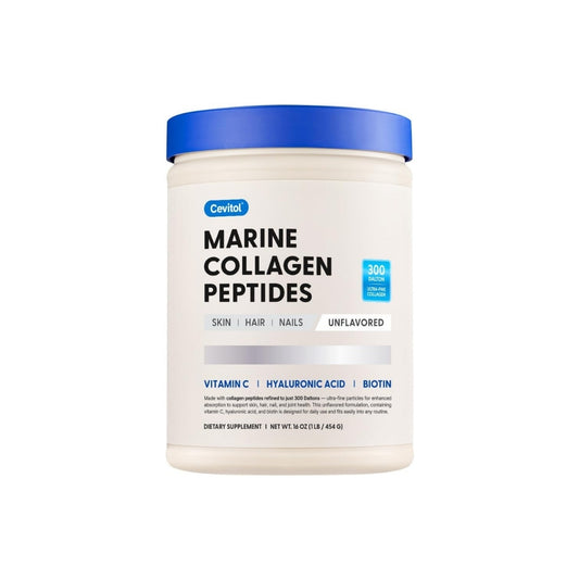 Frasco de Marine Collagen Peptides de Cevitol, disponible en Nutribody, colágeno marino ultra-fino sin sabor con vitamina C, ácido hialurónico y biotina, 454 g.