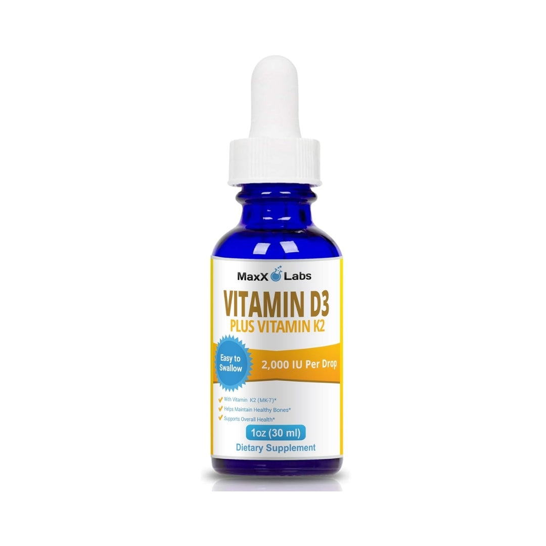 Frasco de gotas de Vitamina D3 más Vitamina K2 (MK-7) MaxX Labs, 2,000 UI por gota, 30 ml, disponible en Nutribody.
