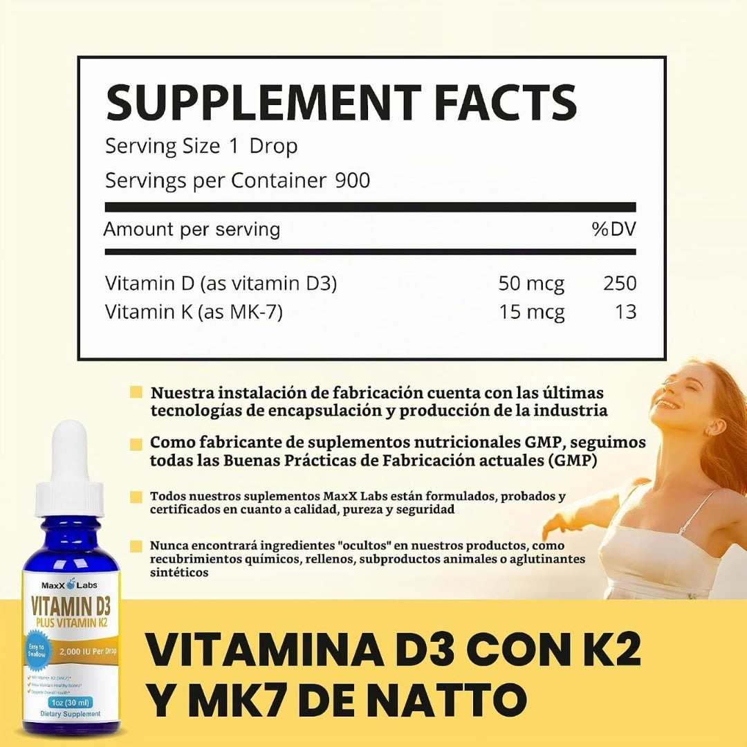 Tabla de información nutricional de las gotas de Vitamina D3 con K2 MaxX Labs: 50 mcg de vitamina D3 y 15 mcg de vitamina K2 (MK-7) por gota, suplemento fabricado bajo normas GMP, disponible en Nutribody.
