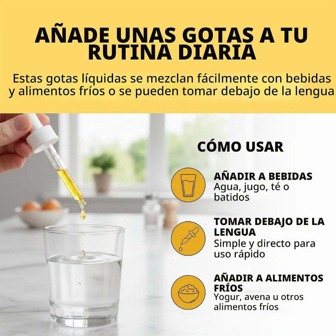 Instrucciones de uso de las gotas de Vitamina D3 con K2 MaxX Labs: añadir a bebidas, tomar debajo de la lengua o mezclar con alimentos fríos, producto a la venta en Nutribody.