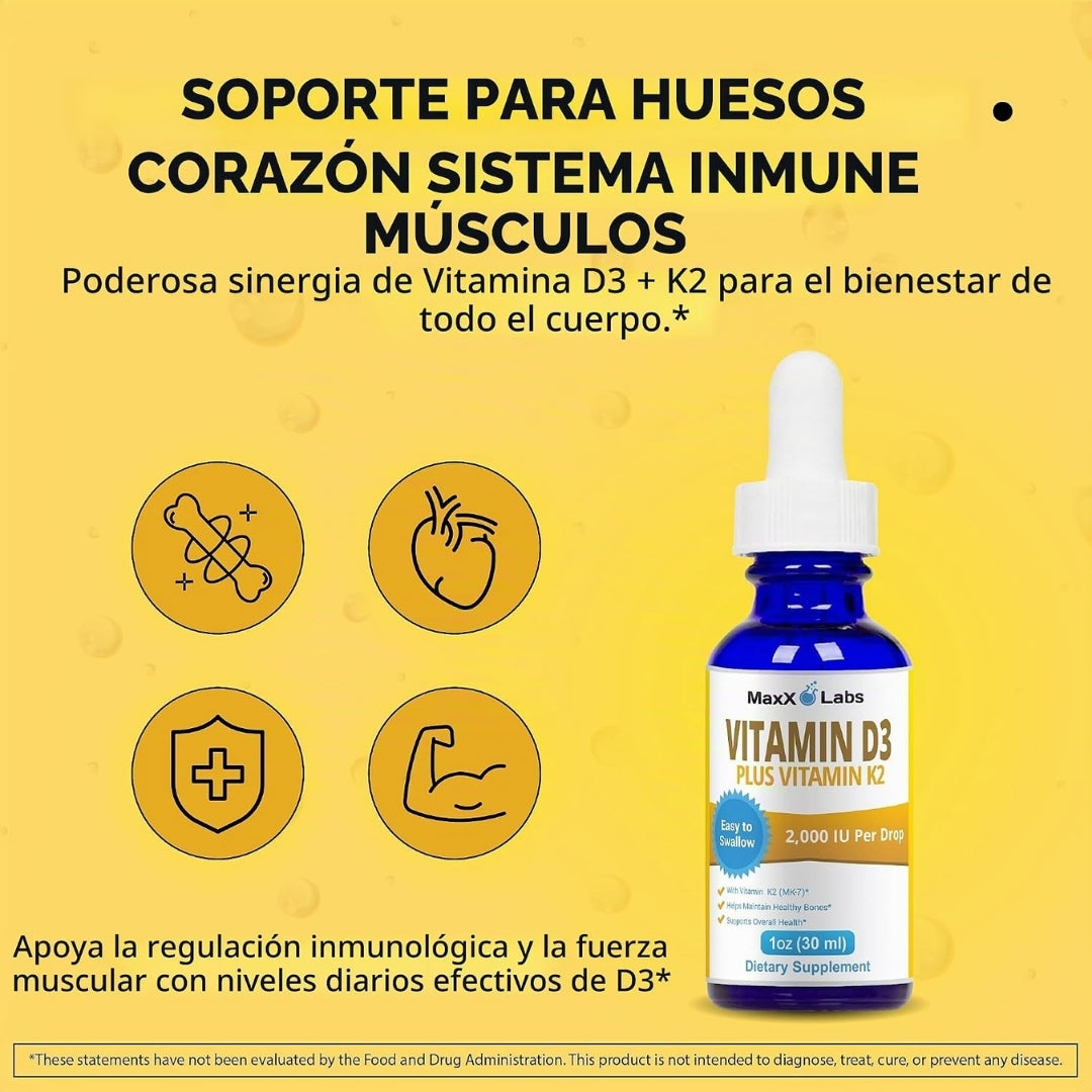Infografía de beneficios de las gotas de Vitamina D3 más K2 MaxX Labs: soporte para huesos, corazón, sistema inmune y músculos, disponible en la tienda Nutribody.