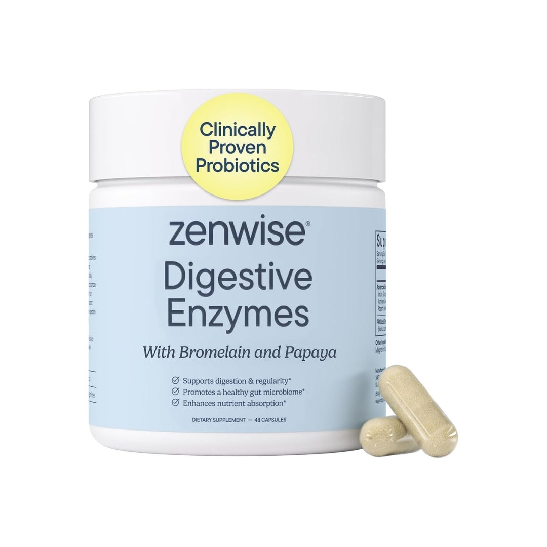 Frasco de Enzimas Digestivas Zenwise con Bromelina y Papaya, 48 cápsulas, probióticos clínicamente probados, disponible en Nutribody.