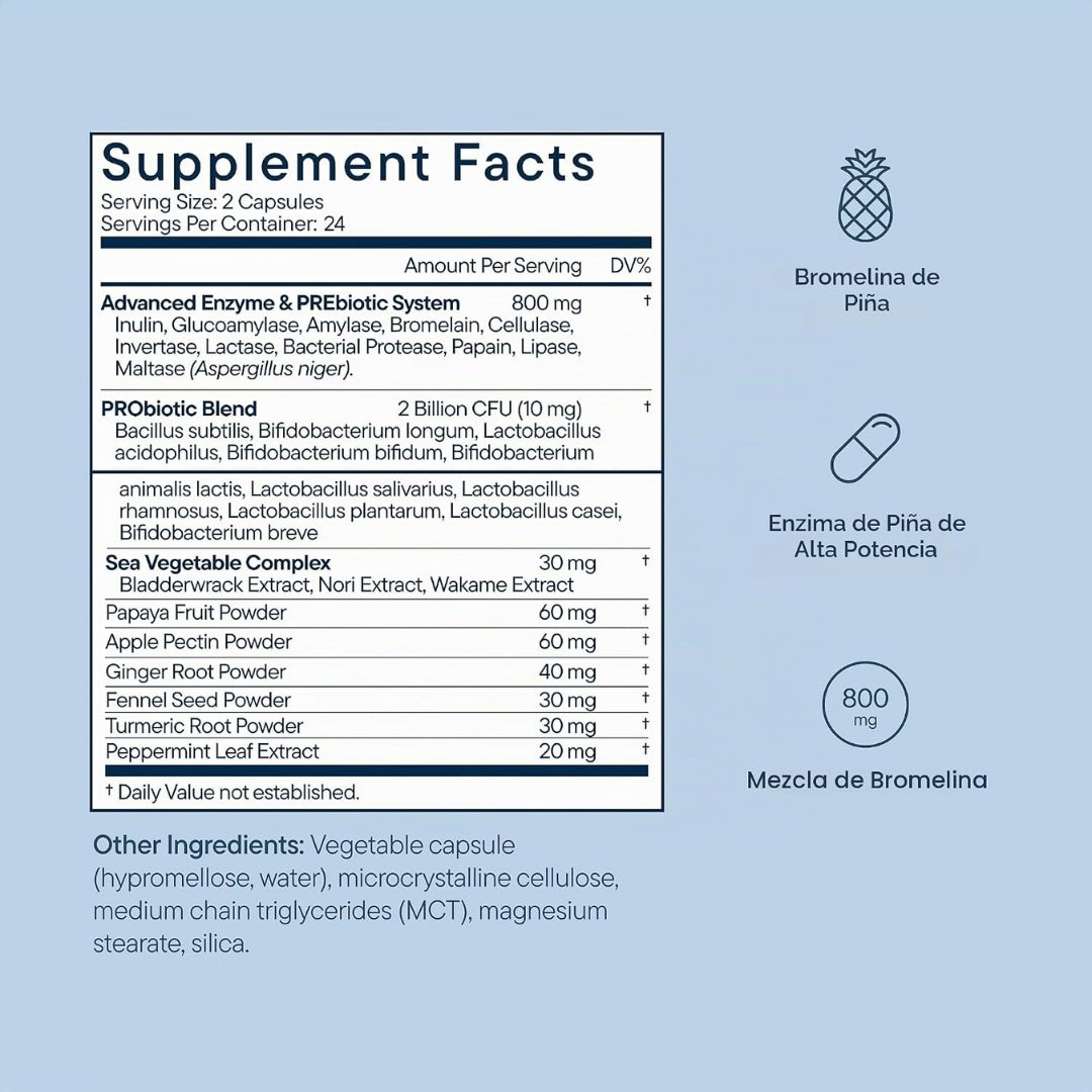 Tabla de información nutricional de las Enzimas Digestivas Zenwise: complejo de enzimas y prebióticos, mezcla probiótica y complejo de vegetales marinos, disponible en Nutribody.