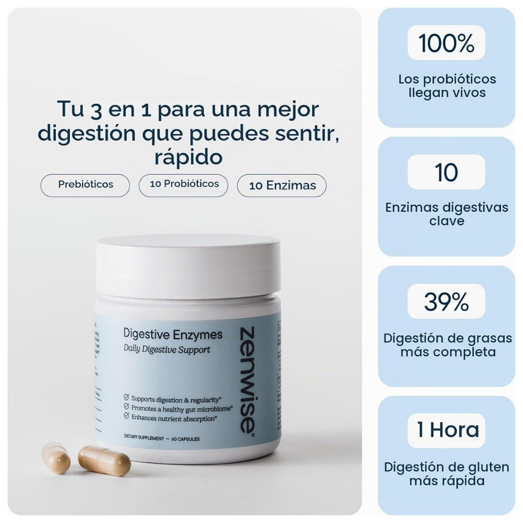 Frasco de Enzimas Digestivas Zenwise "3 en 1" con prebióticos, probióticos y enzimas digestivas para una mejor digestión, a la venta en Nutribody.
