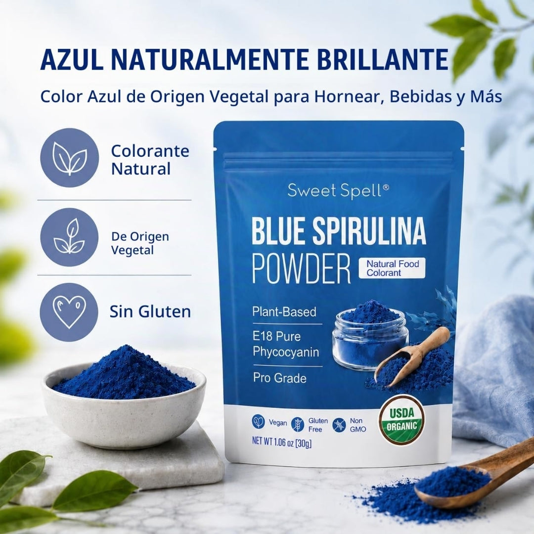 Infografía de la Espirulina Azul Orgánica Sweet Spell: colorante natural de origen vegetal y sin gluten para hornear y bebidas, disponible en Nutribody.
