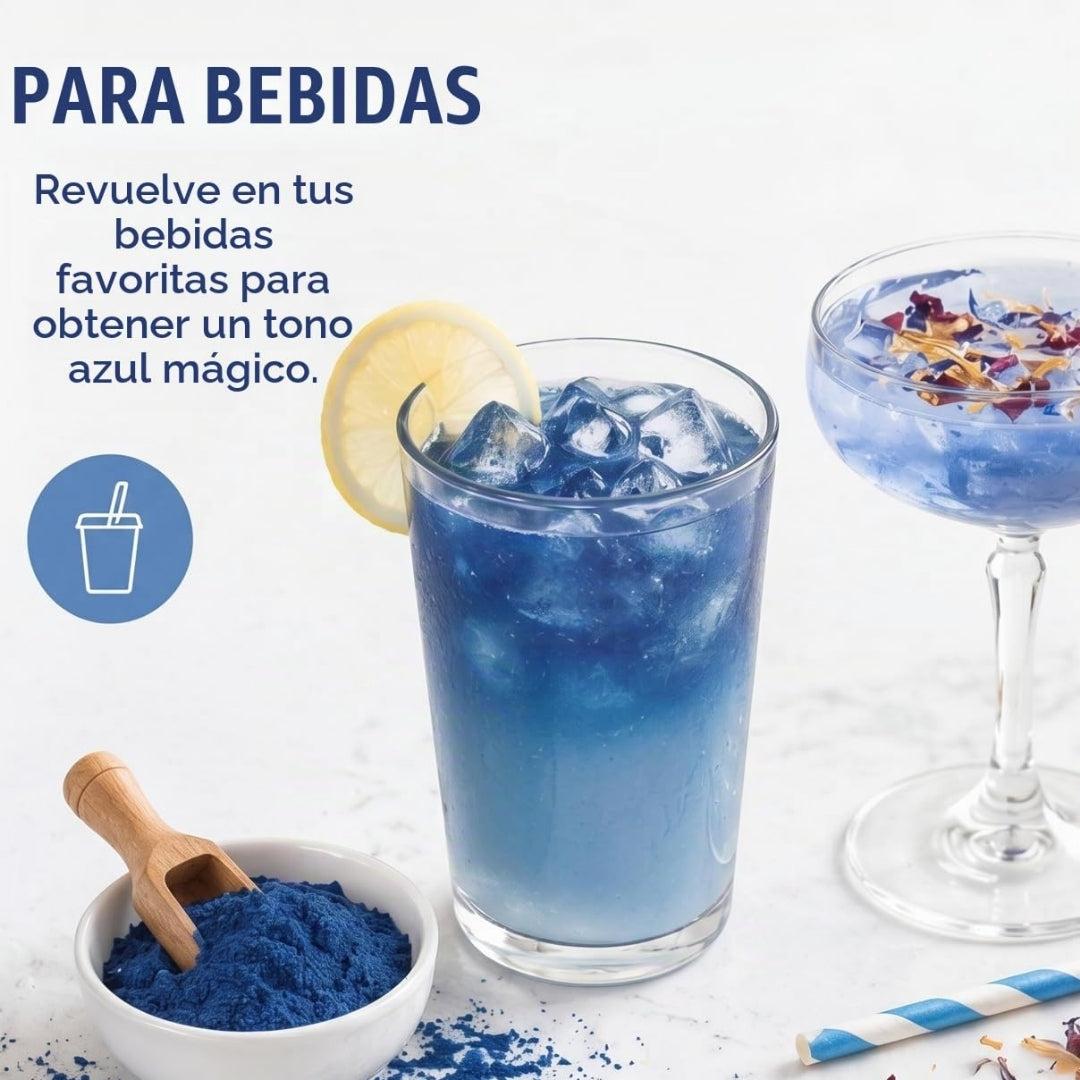 Espirulina Azul Orgánica Sweet Spell mezclada en bebidas para lograr un tono azul natural, producto a la venta en la tienda Nutribody.