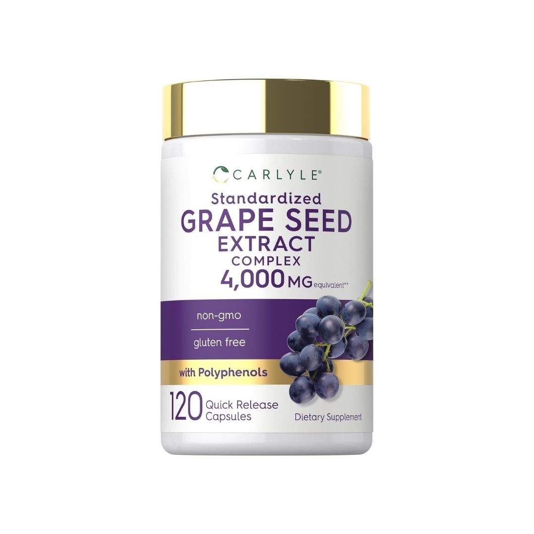 Frasco de Extracto de Semilla de Uva Carlyle estandarizado con polifenoles, 4,000 mg equivalentes, 120 cápsulas de liberación rápida, disponible en Nutribody.