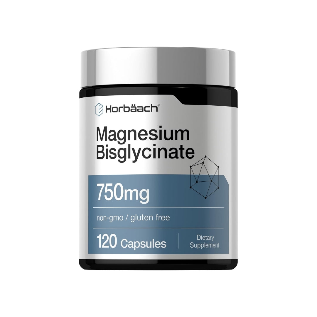 Frasco de Bisglicinato de Magnesio Horbäach de 750 mg con 120 cápsulas de liberación rápida, suplemento dietético a la venta en Nutribody.