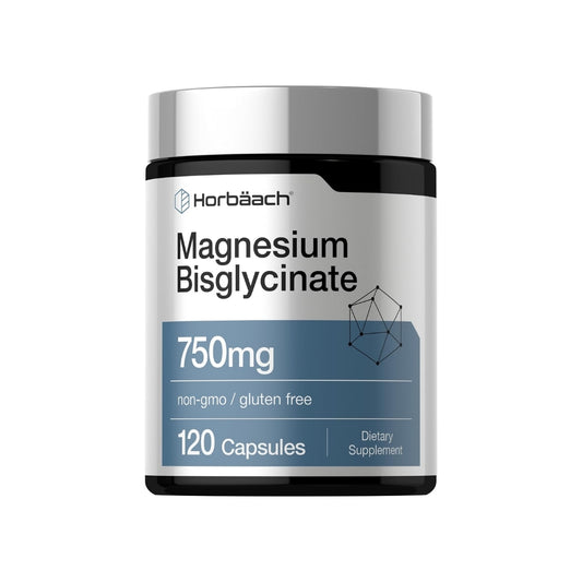 Frasco de Bisglicinato de Magnesio Horbäach de 750 mg con 120 cápsulas de liberación rápida, suplemento dietético a la venta en Nutribody.