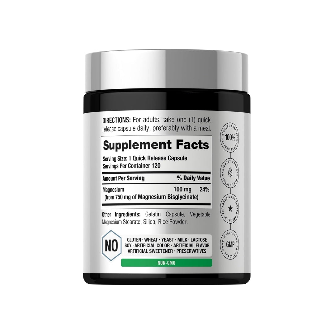 Etiqueta con instrucciones de uso y tabla de información nutricional del Bisglicinato de Magnesio Horbäach, 100 mg de magnesio por cápsula, disponible en Nutribody.