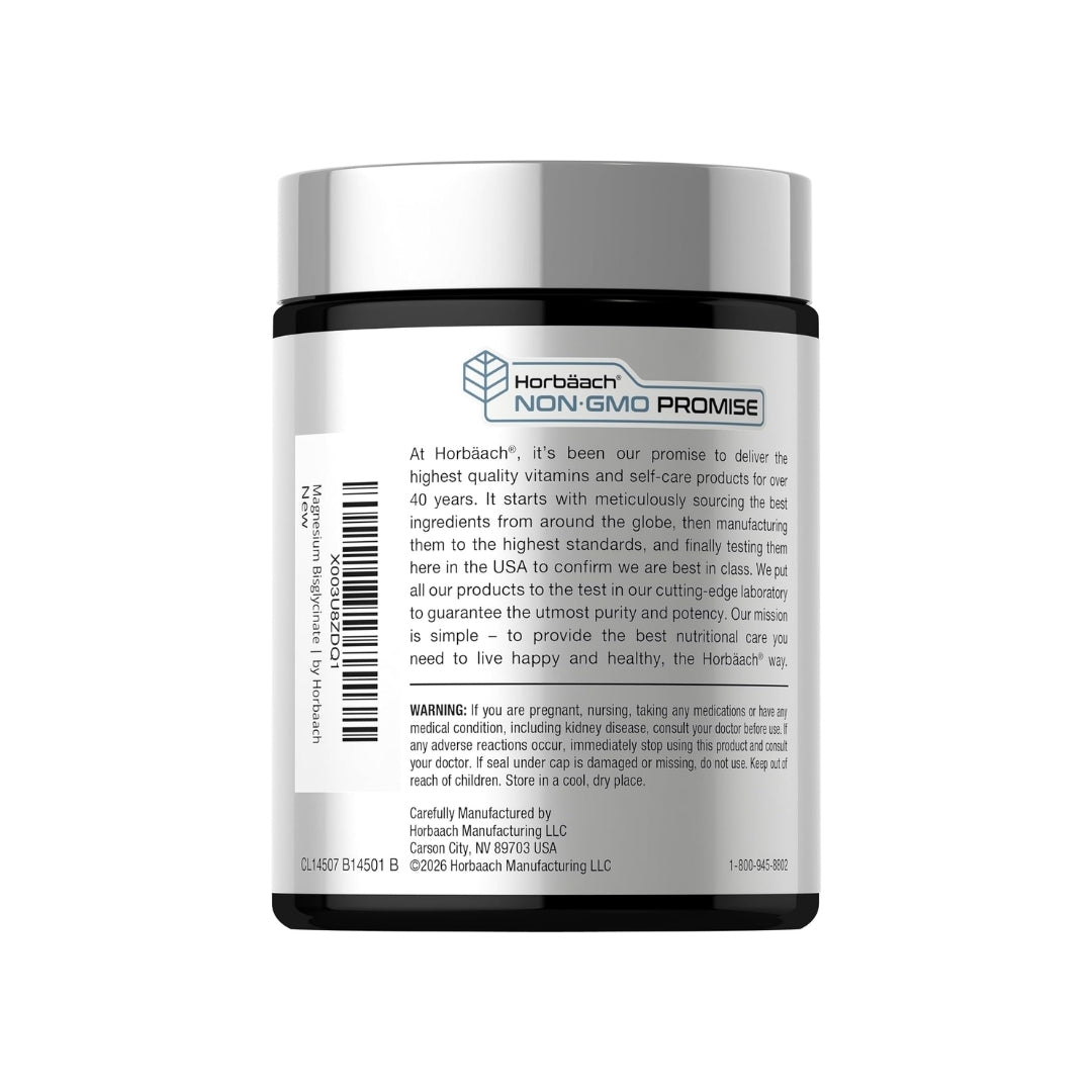 Vista posterior del frasco de Bisglicinato de Magnesio Horbäach con la promesa Non-GMO y advertencias de uso, producto disponible en la tienda Nutribody.
