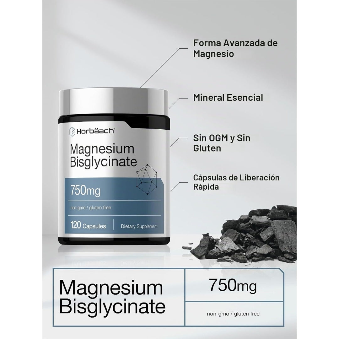 Infografía del Bisglicinato de Magnesio Horbäach 750 mg destacando forma avanzada de magnesio, mineral esencial, sin OGM ni gluten y cápsulas de liberación rápida, en Nutribody.