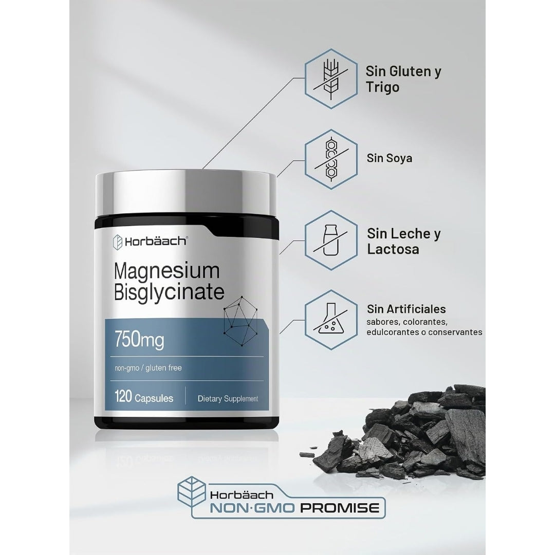 Infografía de certificaciones del Bisglicinato de Magnesio Horbäach 750 mg: sin gluten ni trigo, sin soya, sin leche ni lactosa y sin ingredientes artificiales, disponible en Nutribody.