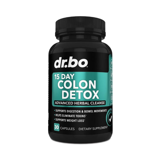 Suplemento Dr. Bo 15 Day Colon Detox de 30 cápsulas para limpieza intestinal profunda, apoyo en la pérdida de peso y desintoxicación natural del sistema digestivo.